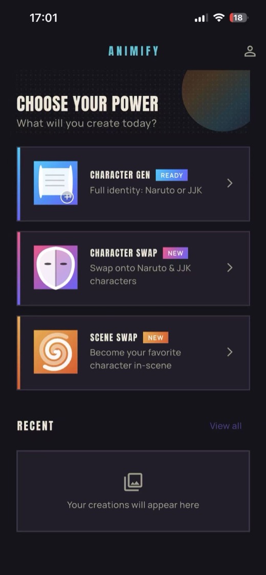 Animify home screen